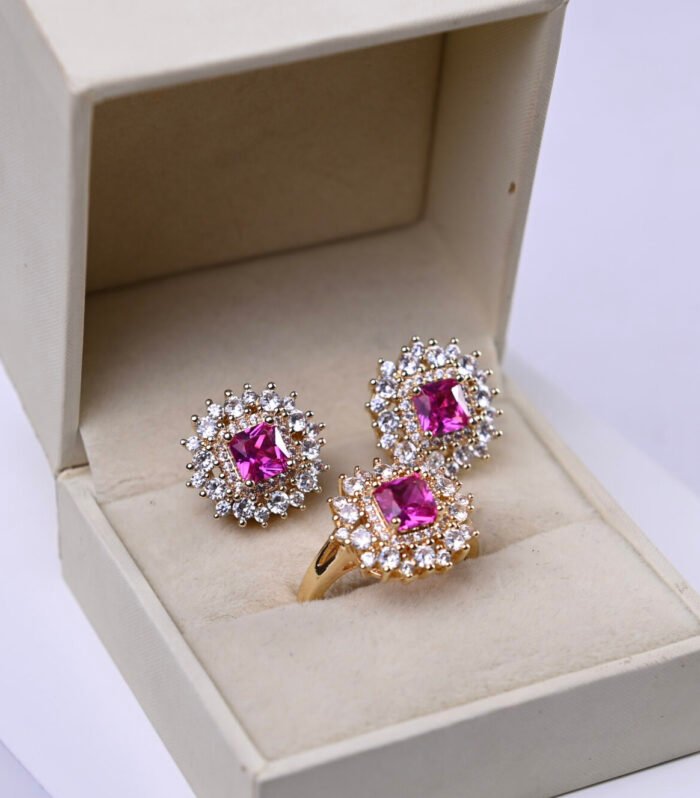 Conj Brinco & Anel Cravação Princesa no Ouro 18k Pedra Pink