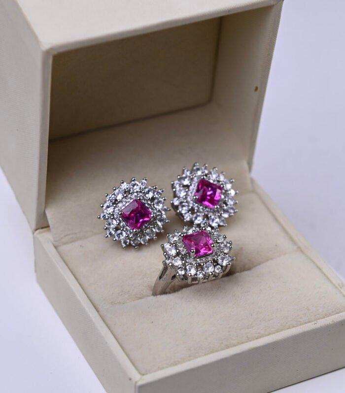 Conj Brinco & Anel Cravação Princesa no Ródio Branco Pedra Pink