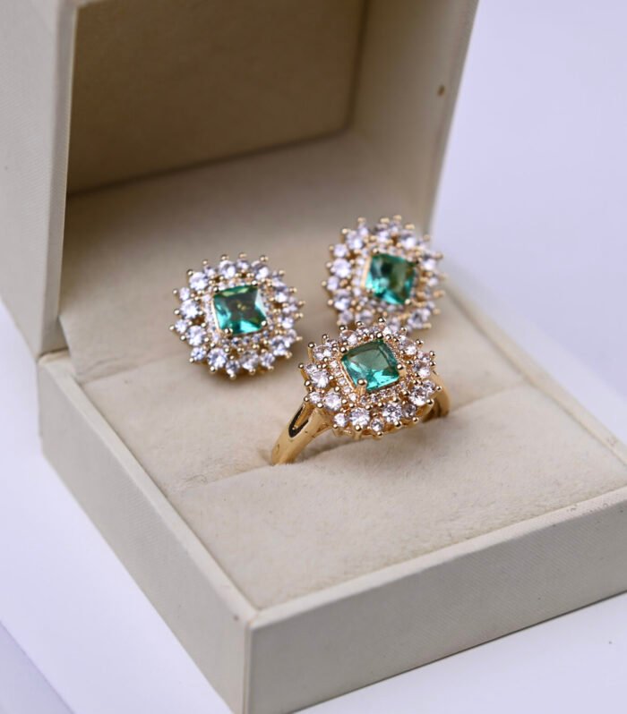 Conj Brinco & Anel Cravação Princesa Pedra Turmalina